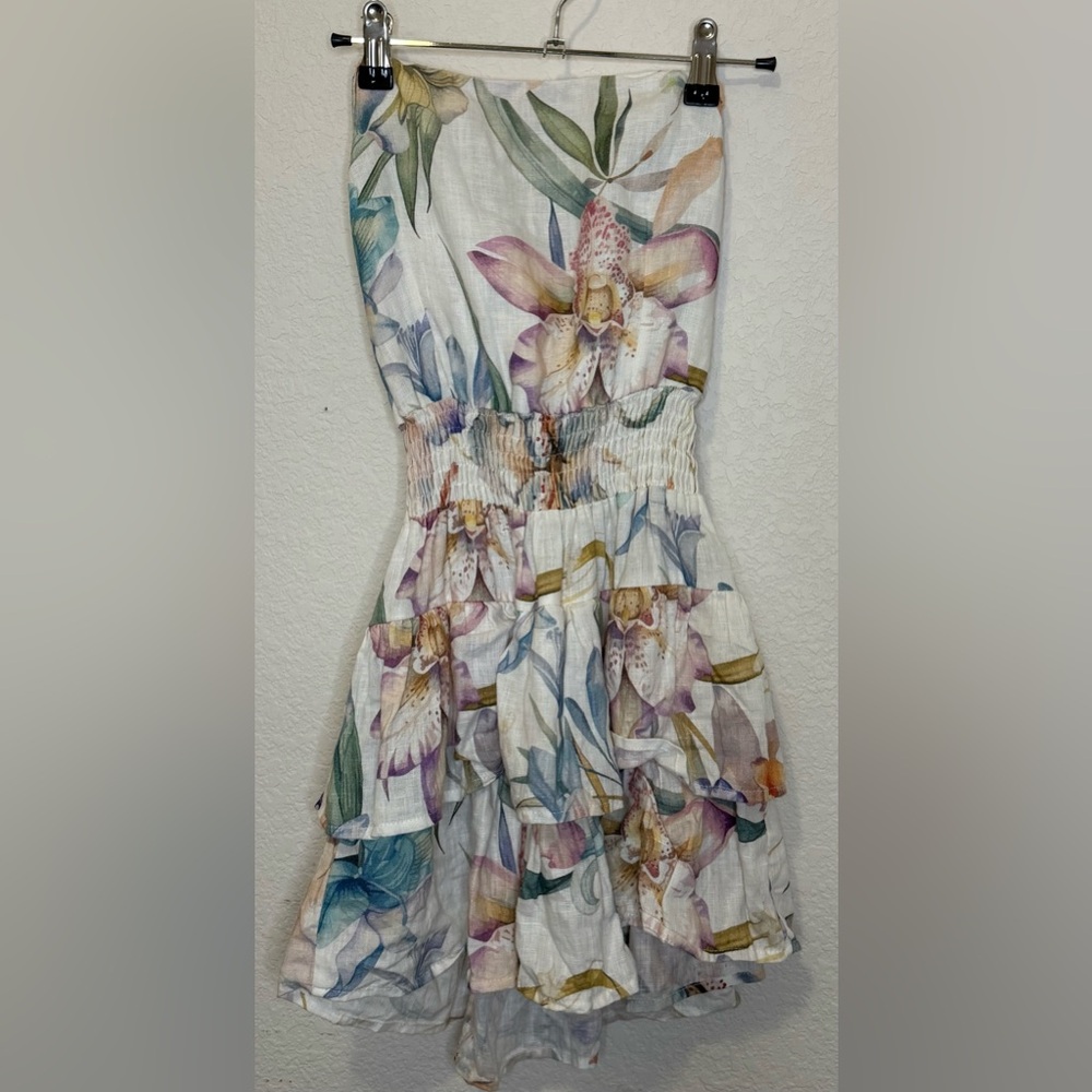 Idillio Positano Linen Floral Strapless Dress